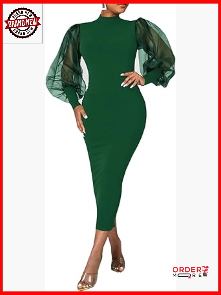 Sheer Mesh Bodycon Midi Dress Puff Lantern Sleeve Club Party